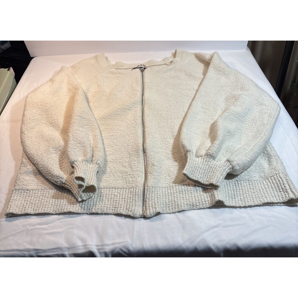 Volcom Womens L 14 Cream Boucle Zip Sweater Cardigan Cozy Y2K Skate